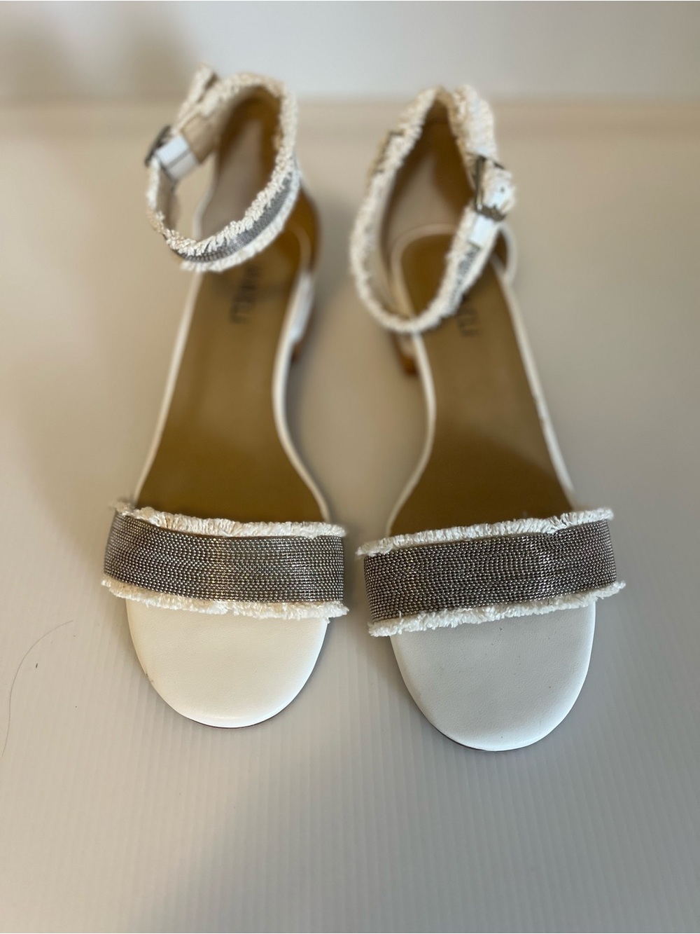 Van Eli White Sandals with Taupe Beaded Front Strap